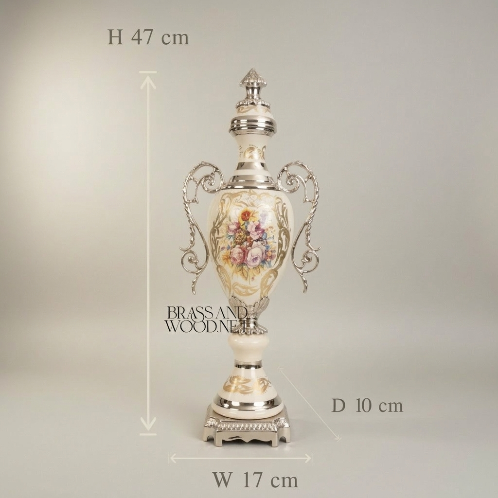 Rococo Hand-Painted Ceramic & Brass Garniture Set – Lidded Urns & Centrepiece Bowl with Floral Medallions — Silver