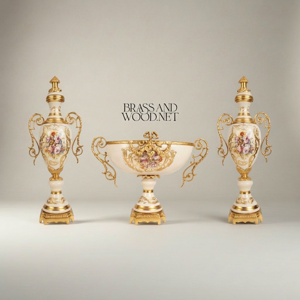 Rococo Hand-Painted Ceramic & Brass Garniture Set – Lidded Urns & Centrepiece Bowl with Floral Medallions — Gold