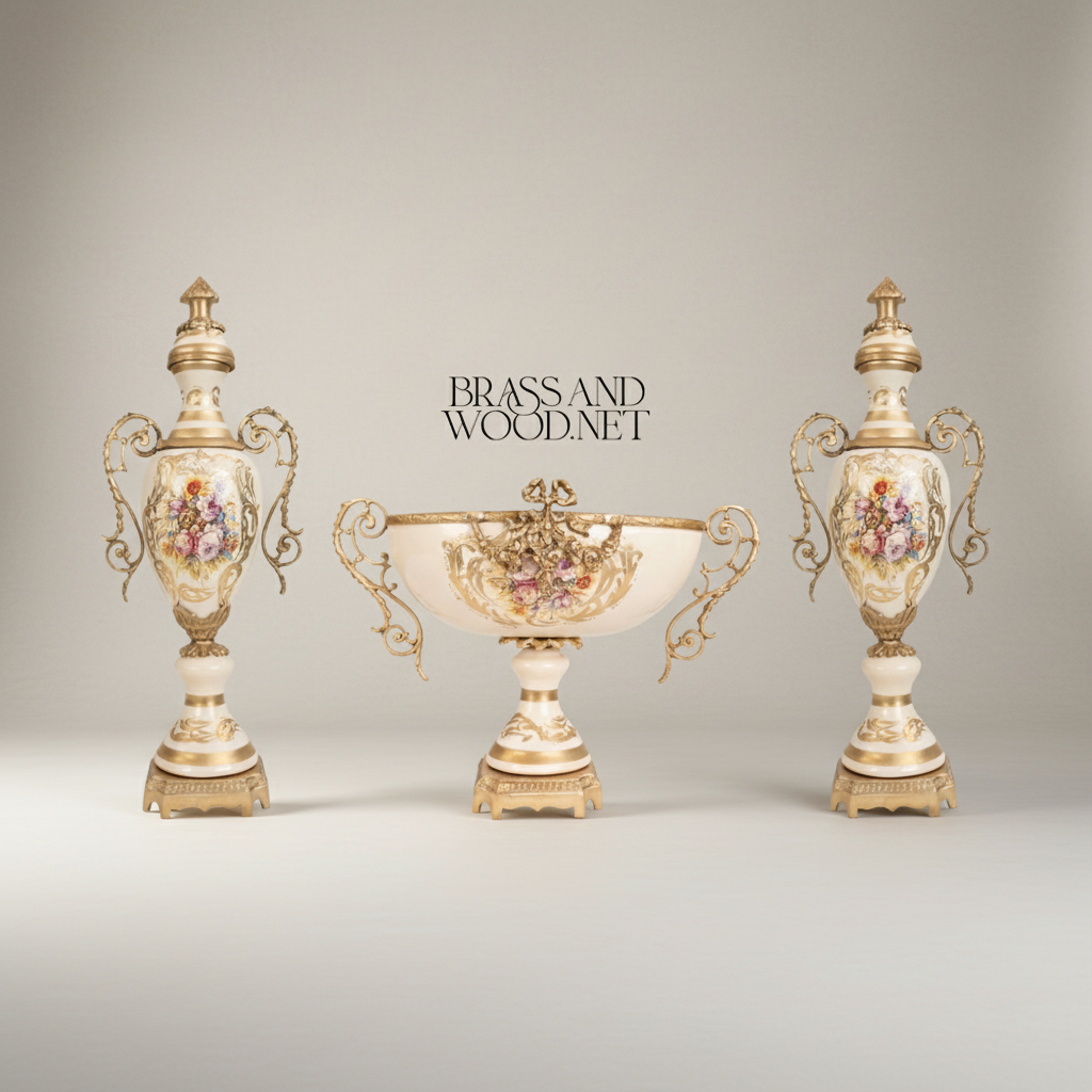Rococo Hand-Painted Ceramic & Brass Garniture Set – Lidded Urns & Centrepiece Bowl with Floral Medallions — Antique Gold