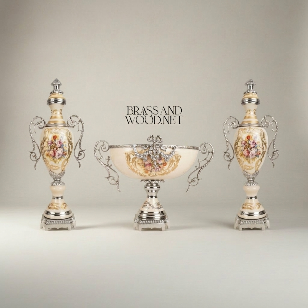 Rococo Hand-Painted Ceramic & Brass Garniture Set – Lidded Urns & Centrepiece Bowl with Floral Medallions — Silver