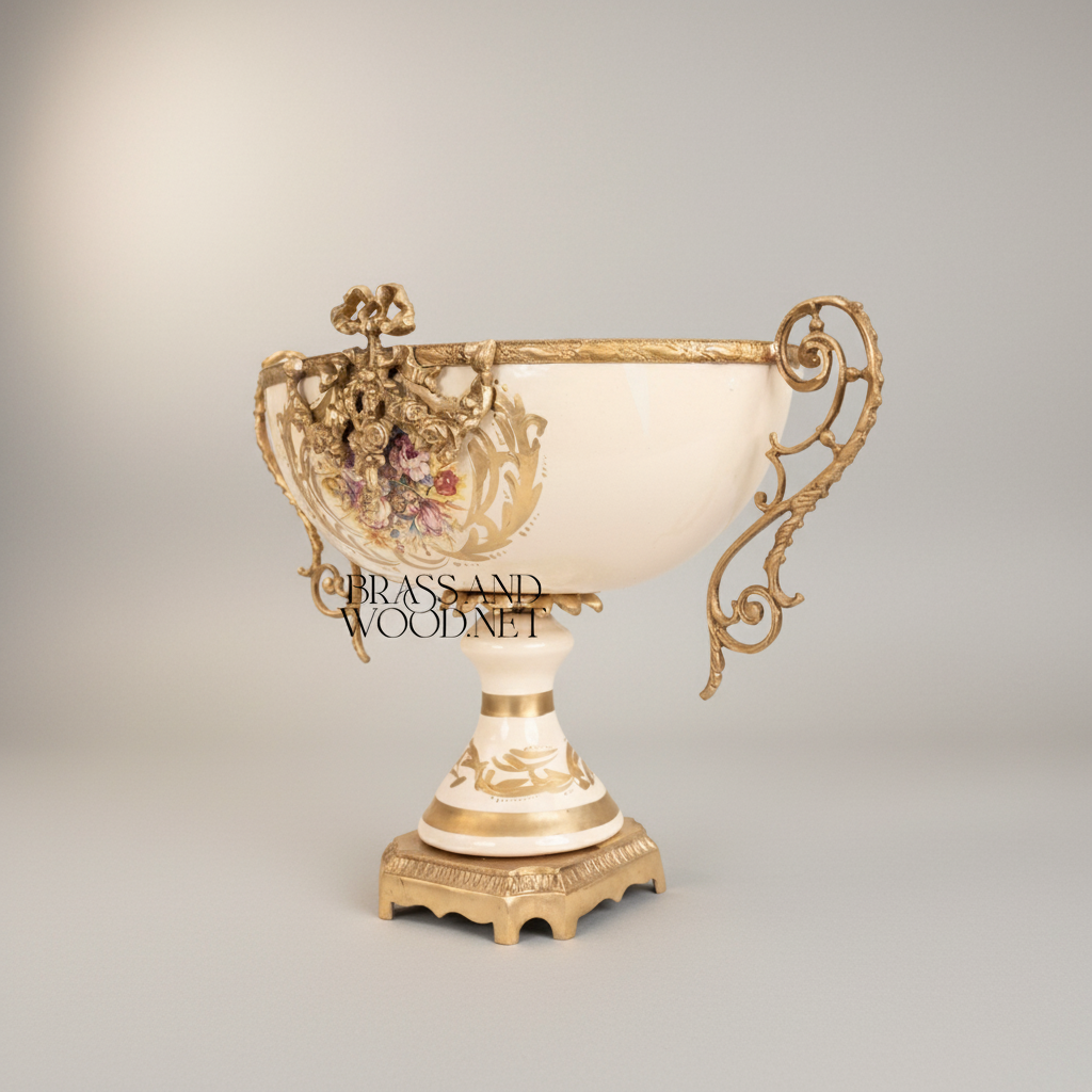 Rococo Hand-Painted Ceramic & Brass Garniture Set – Lidded Urns & Centrepiece Bowl with Floral Medallions — Antique Gold