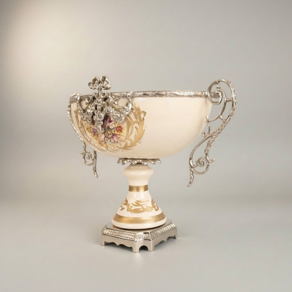 Rococo Hand-Painted Ceramic & Brass Garniture Set – Lidded Urns & Centrepiece Bowl with Floral Medallions — Silver