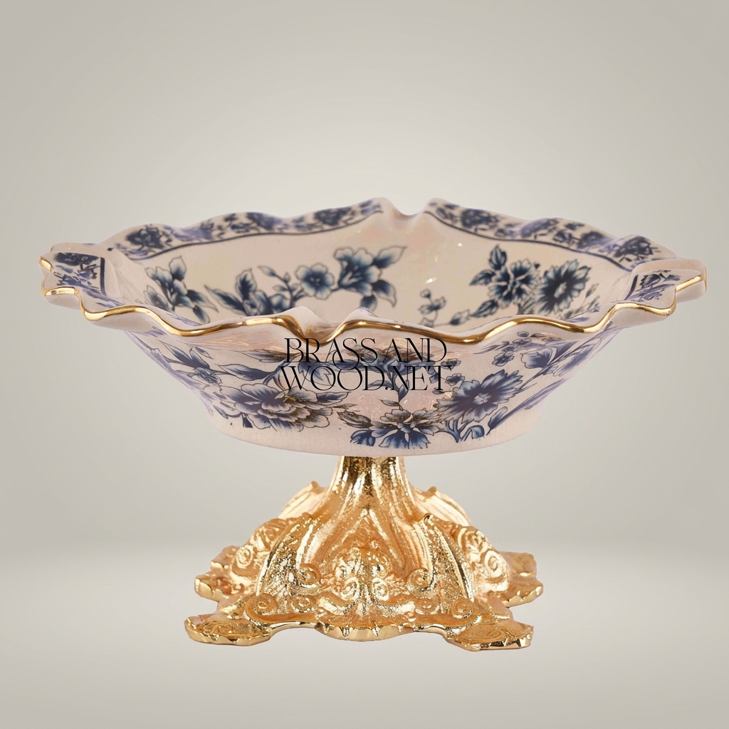 Rococo Ceramic & Brass Pedestal Ashtray with Indigo Floral Motif and Wavy Gilt Rim — Gold