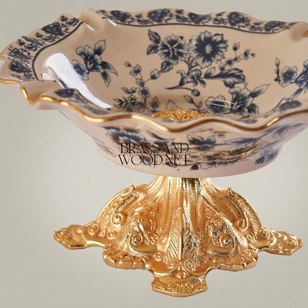 Rococo Ceramic & Brass Pedestal Ashtray with Indigo Floral Motif and Wavy Gilt Rim