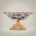 Rococo Ceramic & Brass Pedestal Ashtray with Indigo Floral Motif and Wavy Gilt Rim — Gold