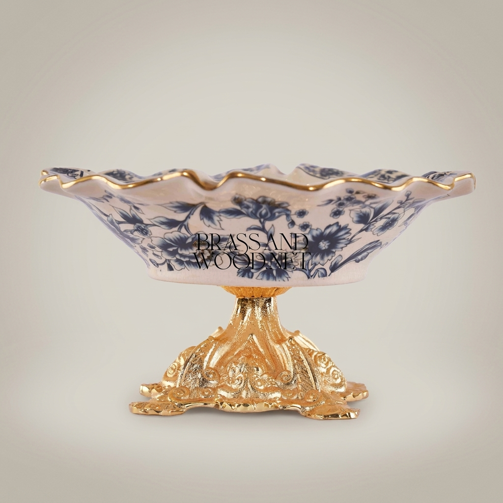 Rococo Ceramic & Brass Pedestal Ashtray with Indigo Floral Motif and Wavy Gilt Rim — Gold