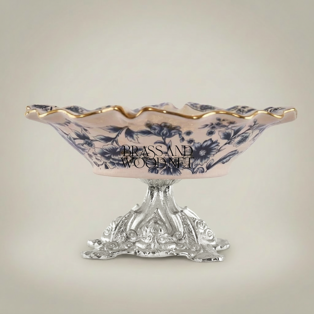 Rococo Ceramic & Brass Pedestal Ashtray with Indigo Floral Motif and Wavy Gilt Rim — Silver