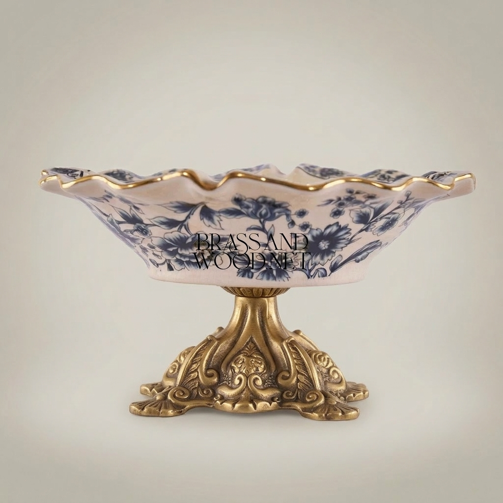 Rococo Ceramic & Brass Pedestal Ashtray with Indigo Floral Motif and Wavy Gilt Rim — Antique Gold