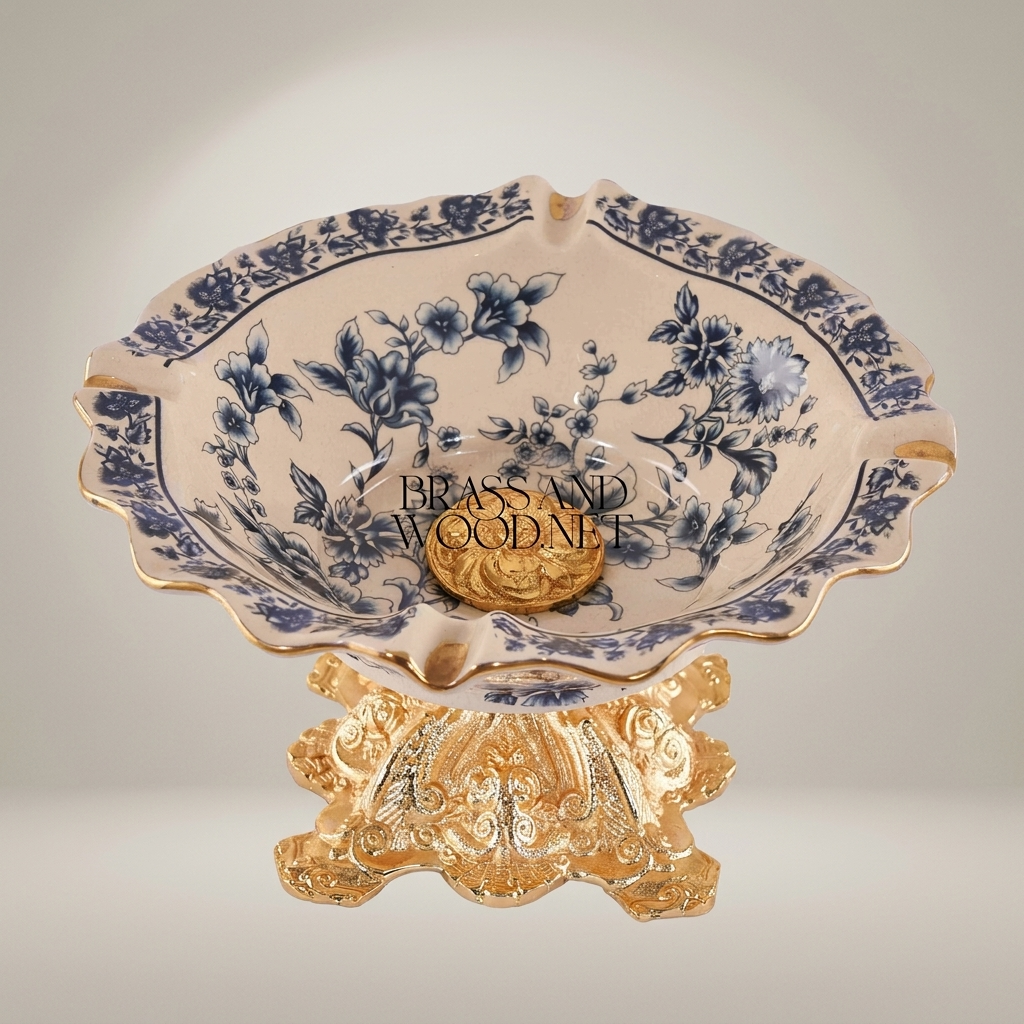 Rococo Ceramic & Brass Pedestal Ashtray with Indigo Floral Motif and Wavy Gilt Rim — Gold