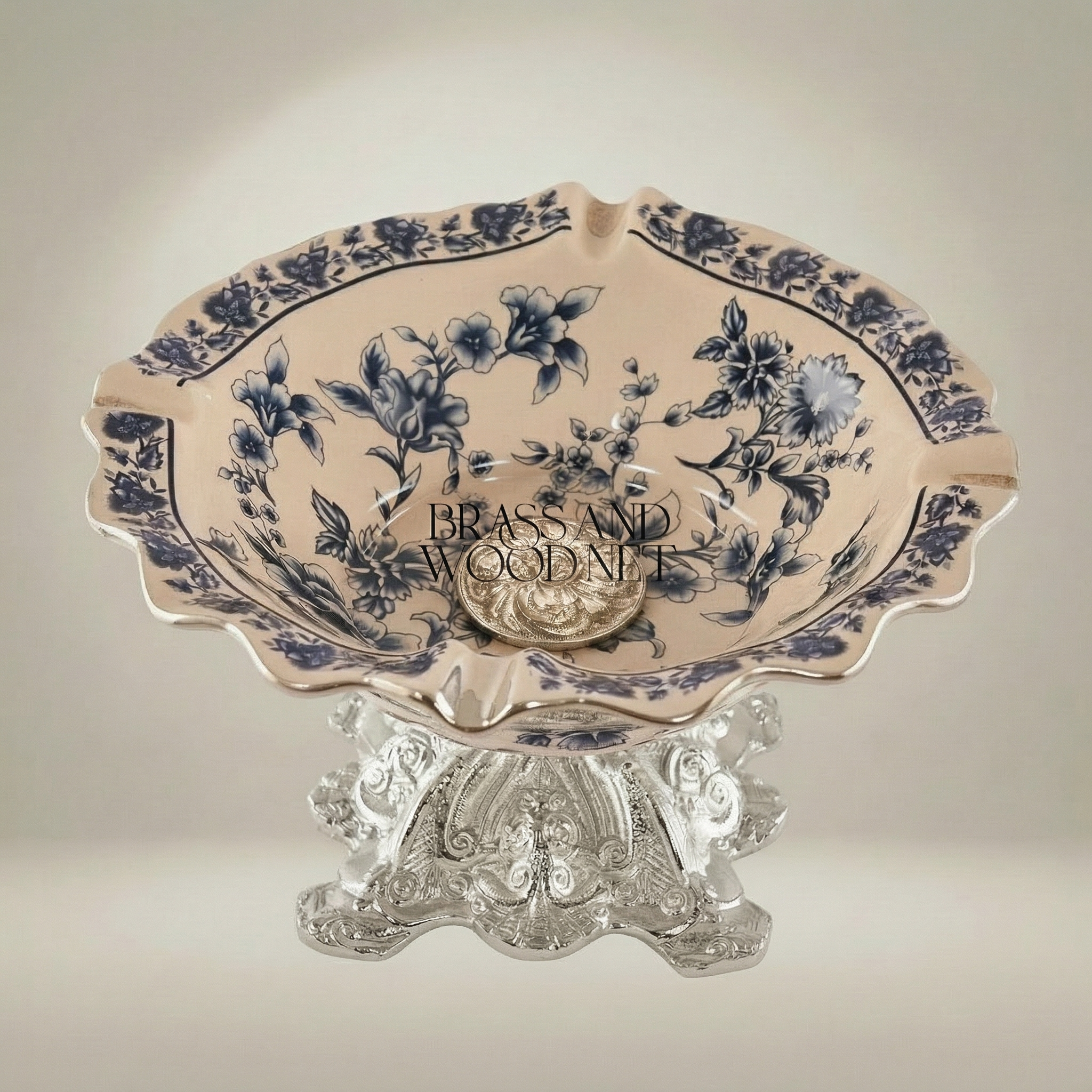 Rococo Ceramic & Brass Pedestal Ashtray with Indigo Floral Motif and Wavy Gilt Rim — Silver