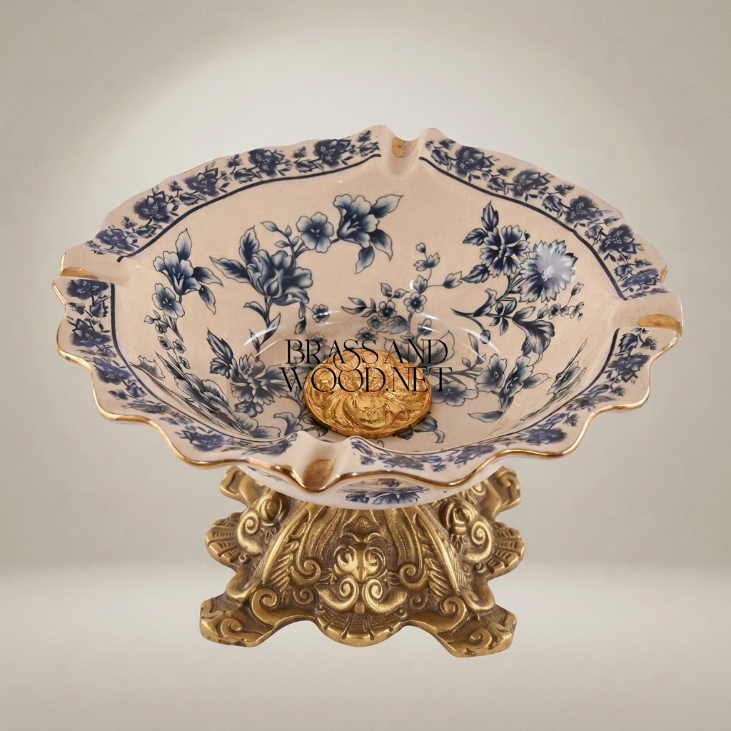 Rococo Ceramic & Brass Pedestal Ashtray with Indigo Floral Motif and Wavy Gilt Rim — Antique Gold