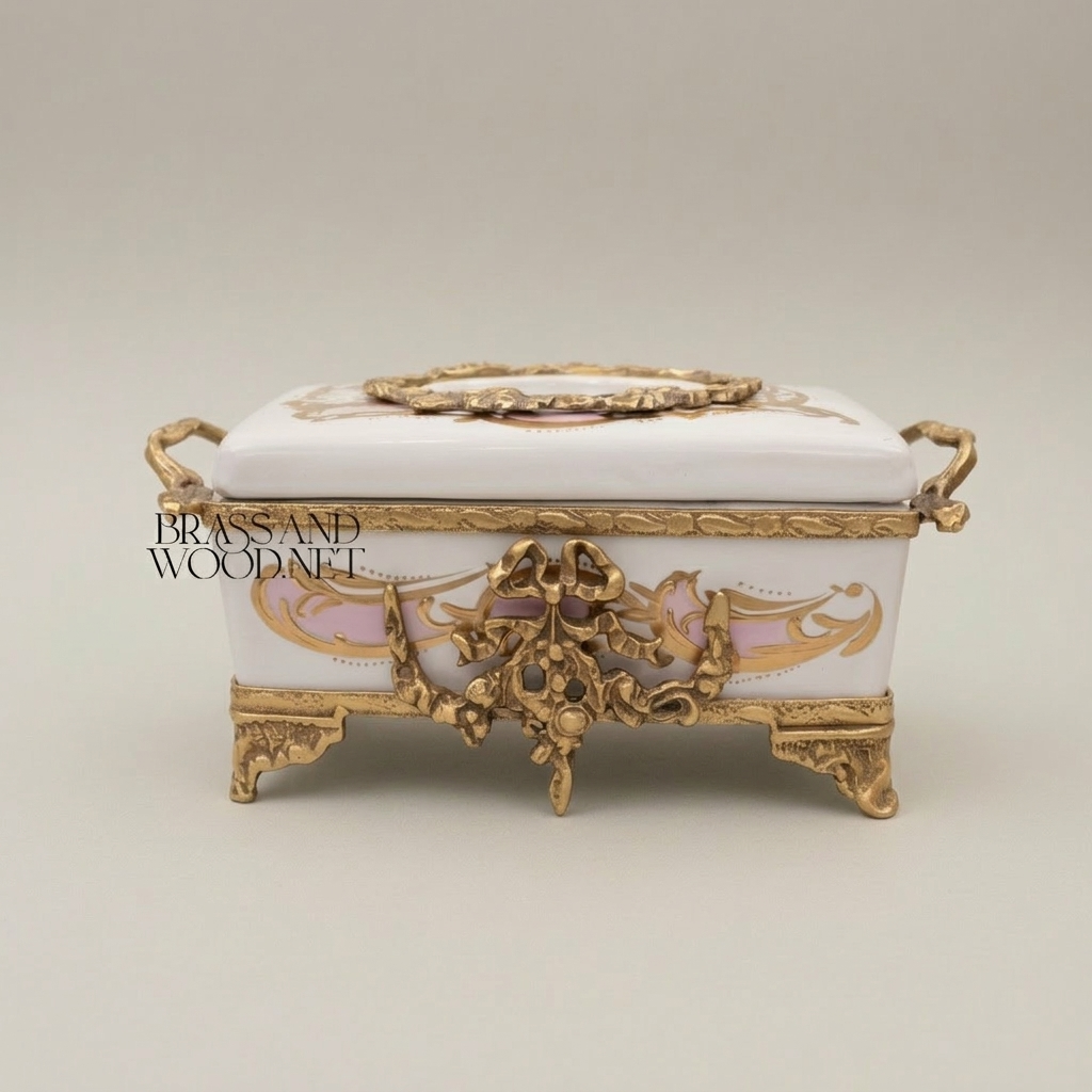 Rococo Ceramic & Brass Tissue Box Holder - Oval Cartouche Lid with Acanthus Mounts