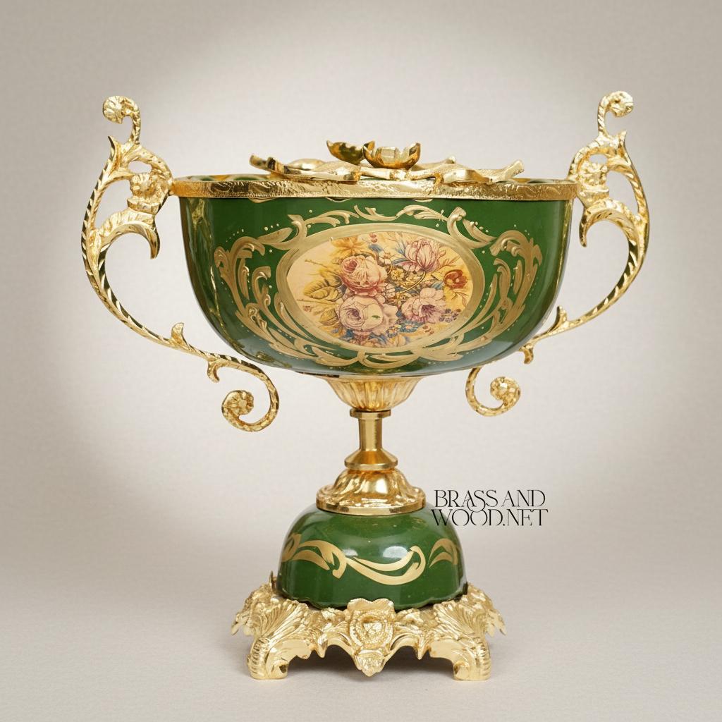 Rococo Ceramic & Brass Vase Garniture Set – Hunter Green with Floral Medallion