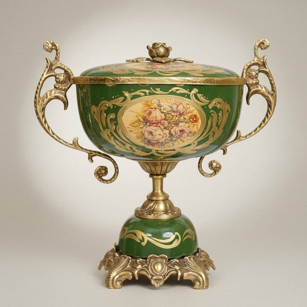 Rococo Ceramic & Brass Vase Garniture Set – Hunter Green with Floral Medallion — Antique Gold