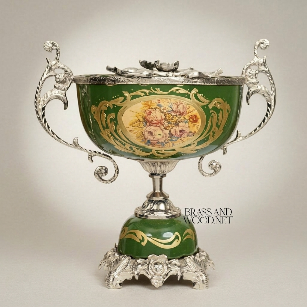 Rococo Ceramic & Brass Vase Garniture Set – Hunter Green with Floral Medallion — Silver