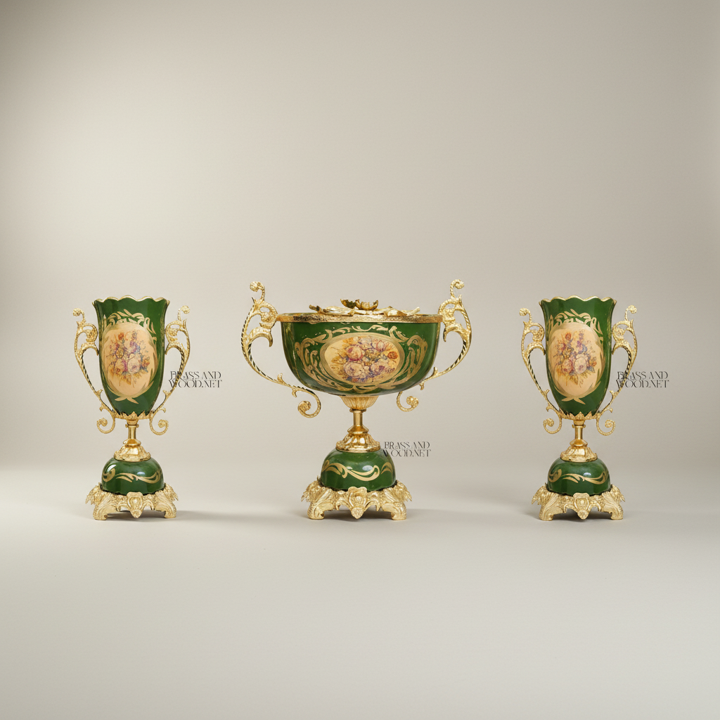 Rococo Ceramic & Brass Vase Garniture Set – Hunter Green with Floral Medallion — Gold