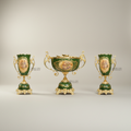 Rococo Ceramic & Brass Vase Garniture Set – Hunter Green with Floral Medallion — Gold