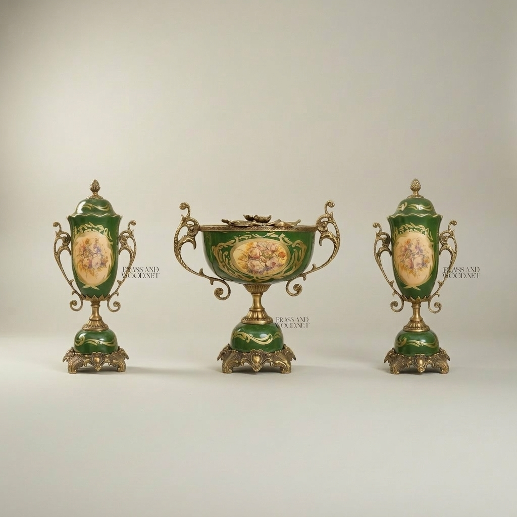 Rococo Ceramic & Brass Vase Garniture Set – Hunter Green with Floral Medallion — Antique Gold