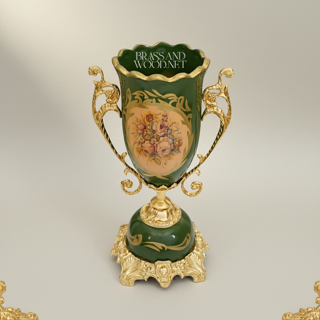 Rococo Ceramic & Brass Vase Garniture Set – Hunter Green with Floral Medallion — Gold