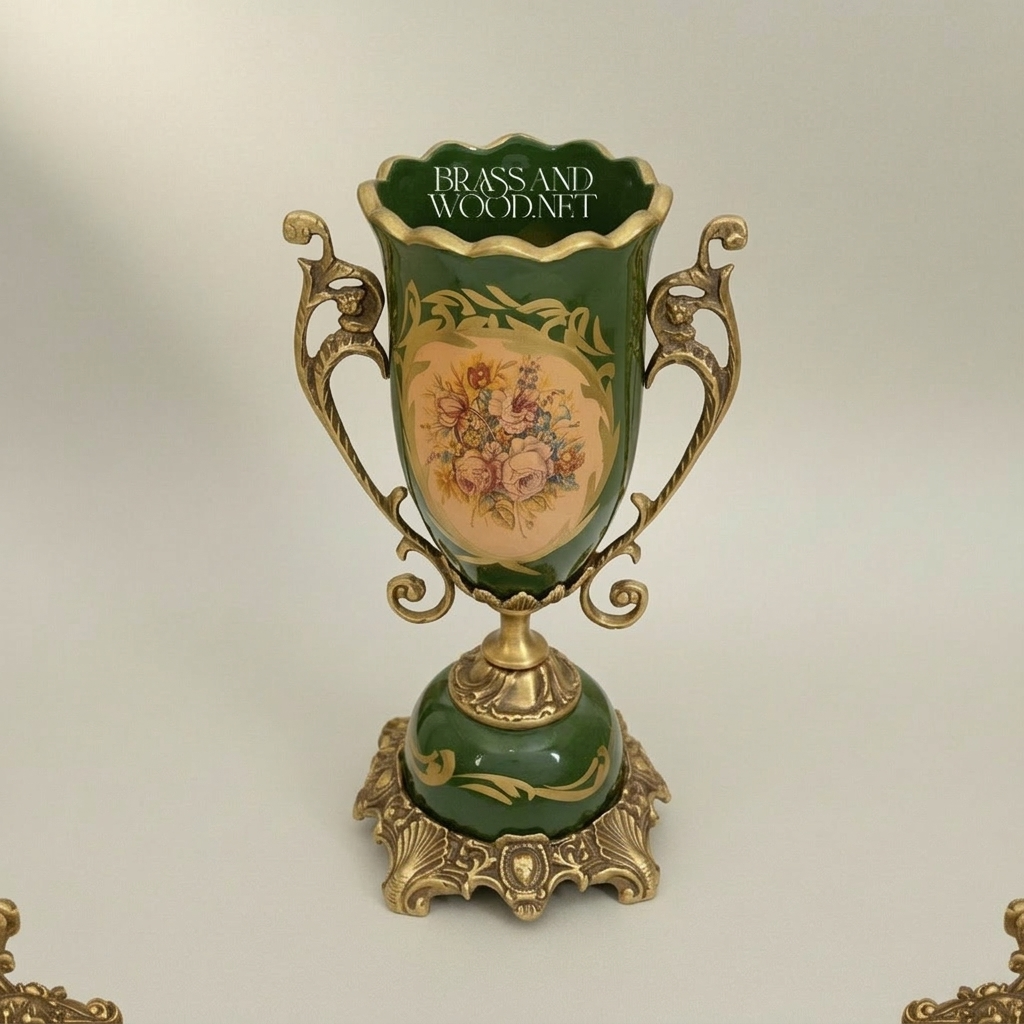 Rococo Ceramic & Brass Vase Garniture Set – Hunter Green with Floral Medallion — Antique Gold