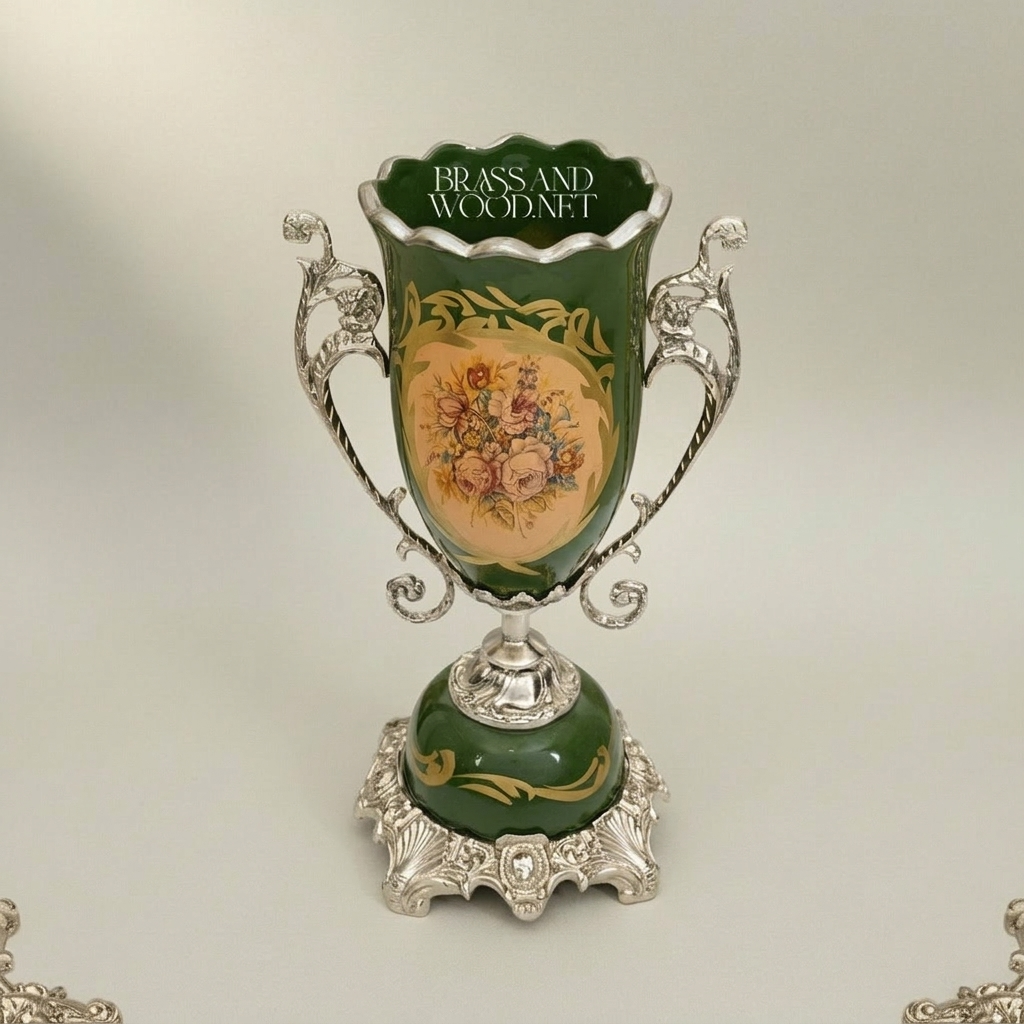 Rococo Ceramic & Brass Vase Garniture Set – Hunter Green with Floral Medallion — Silver