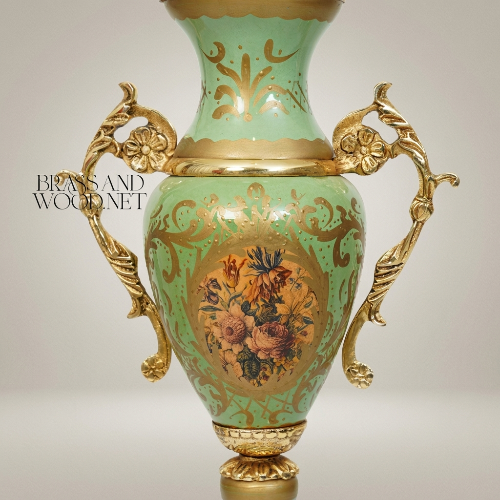 Rococo Ceramic Lidded Urn Vase with Brass Mounts & Hand-Painted Floral Medallion — Antique Gold