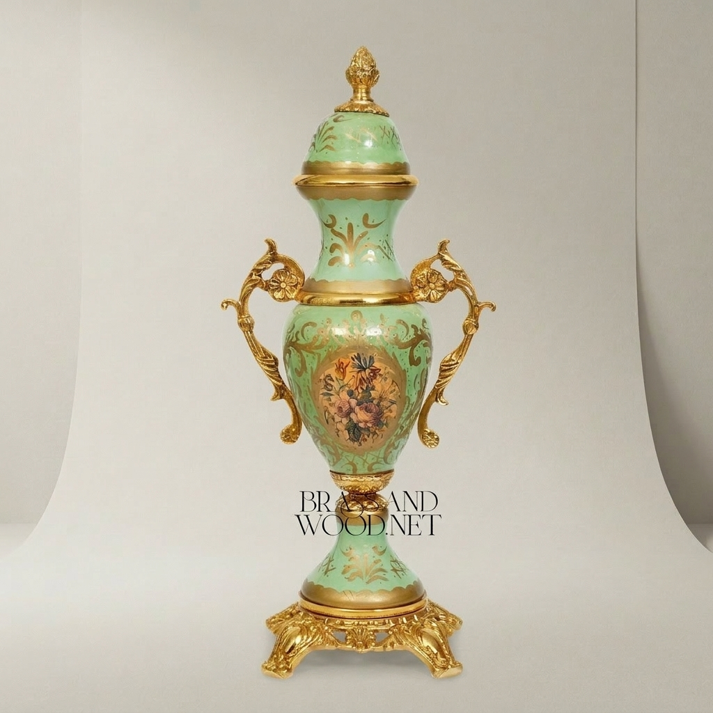 Rococo Ceramic Lidded Urn Vase with Brass Mounts & Hand-Painted Floral Medallion — Gold