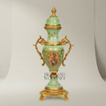 Rococo Ceramic Lidded Urn Vase with Brass Mounts & Hand-Painted Floral Medallion — Gold