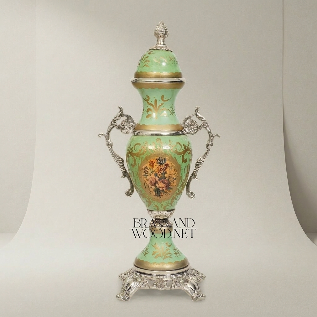 Rococo Ceramic Lidded Urn Vase with Brass Mounts & Hand-Painted Floral Medallion — Silver