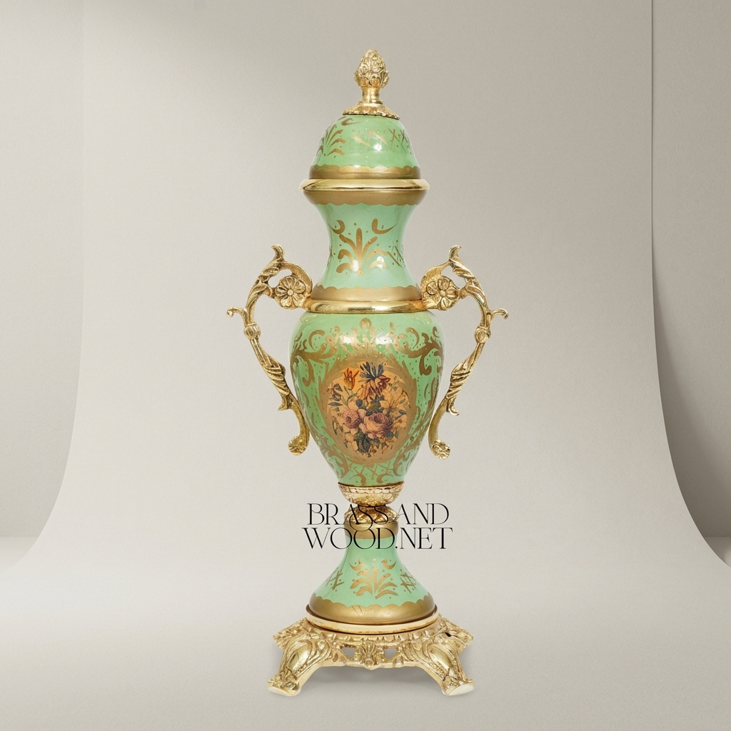 Rococo Ceramic Lidded Urn Vase with Brass Mounts & Hand-Painted Floral Medallion — Antique Gold