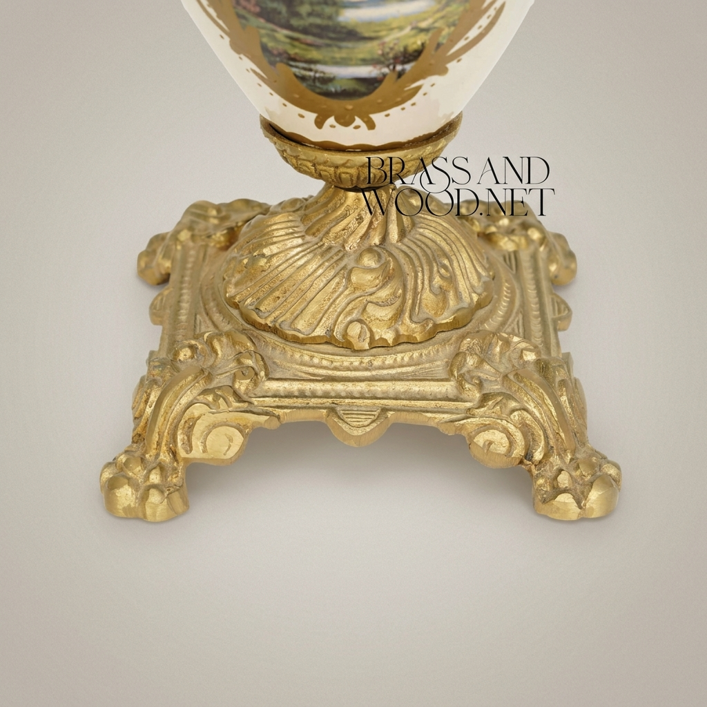 Rococo Ceramic Covered Urn Vase with Brass Mounts & Hand-Painted Landscape Medallion
