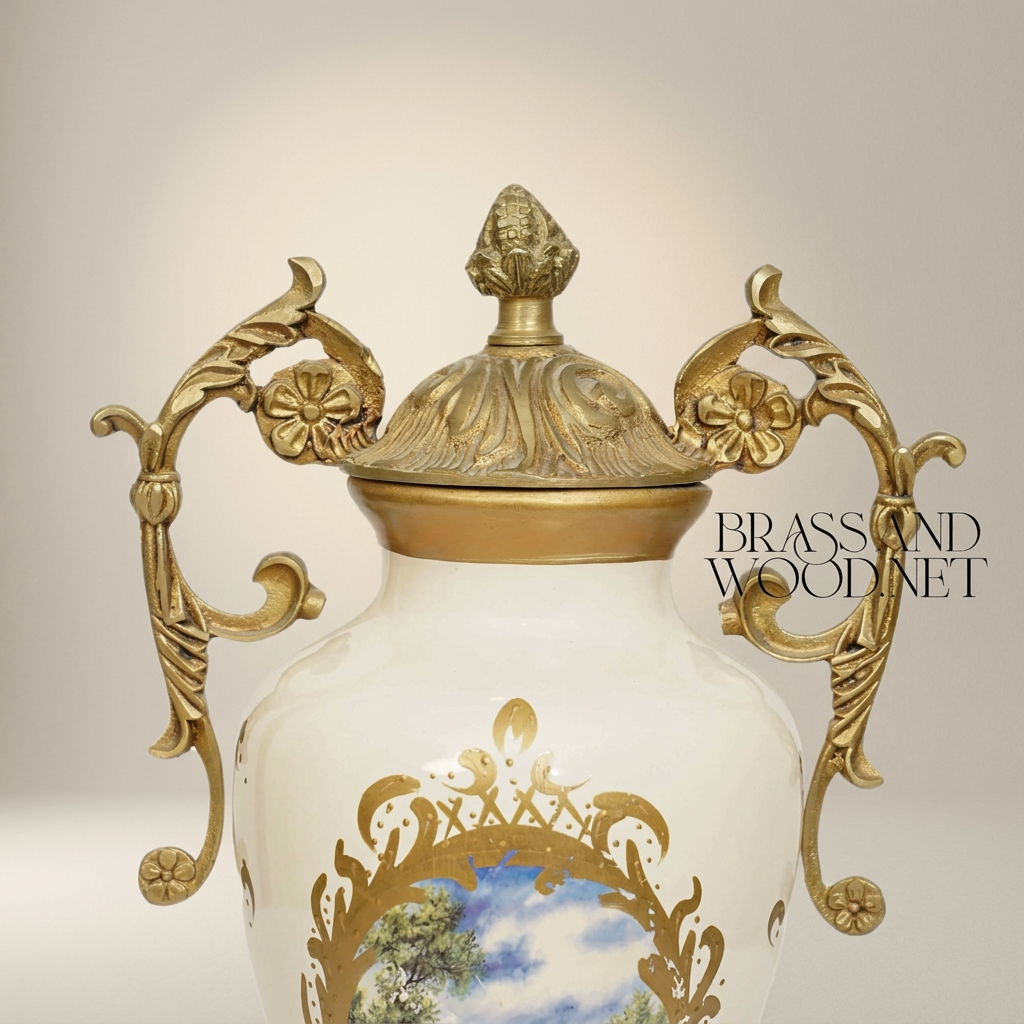 Rococo Ceramic Covered Urn Vase with Brass Mounts & Hand-Painted Landscape Medallion