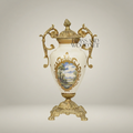 Rococo Ceramic Covered Urn Vase with Brass Mounts & Hand-Painted Landscape Medallion — Gold