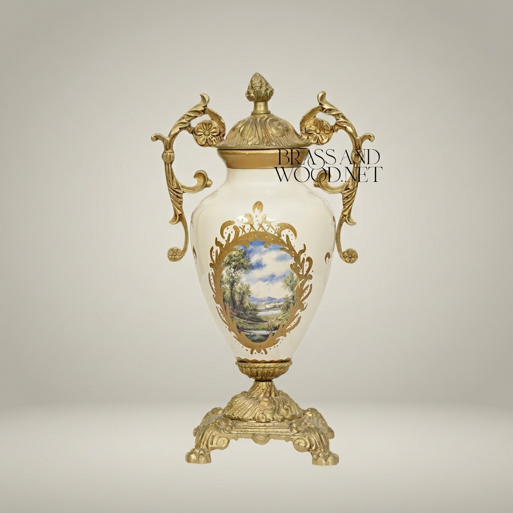 Rococo Ceramic Covered Urn Vase with Brass Mounts & Hand-Painted Landscape Medallion — Gold