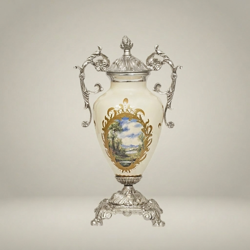 Rococo Ceramic Covered Urn Vase with Brass Mounts & Hand-Painted Landscape Medallion — Silver