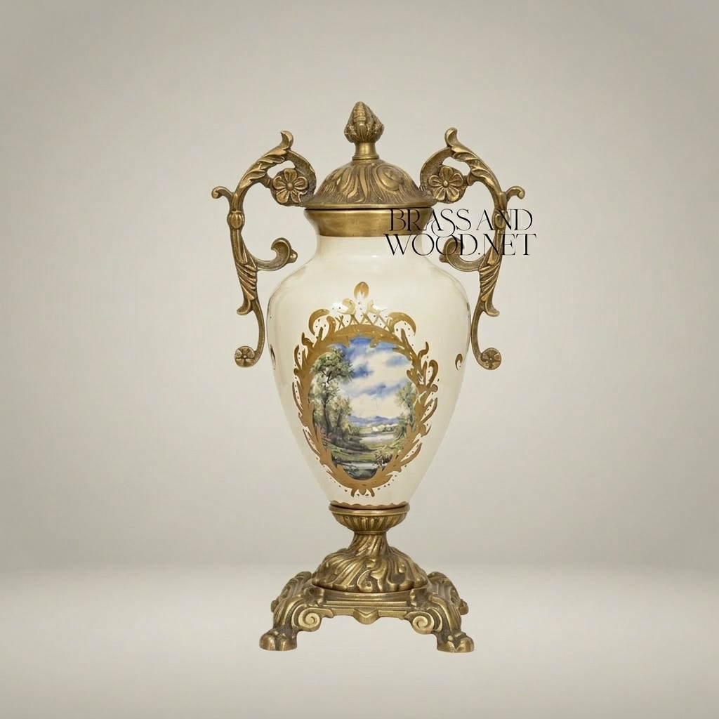 Rococo Ceramic Covered Urn Vase with Brass Mounts & Hand-Painted Landscape Medallion — Antique Gold