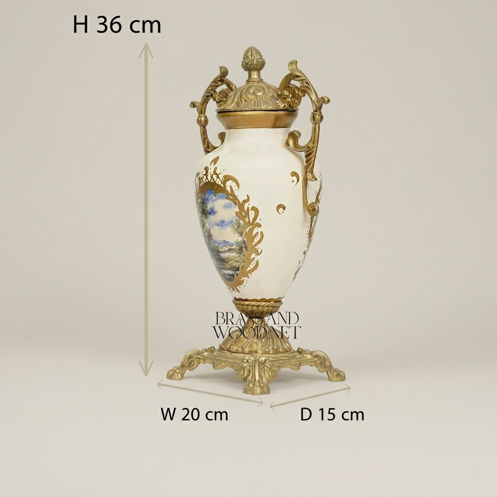 Rococo Ceramic Covered Urn Vase with Brass Mounts & Hand-Painted Landscape Medallion — Gold