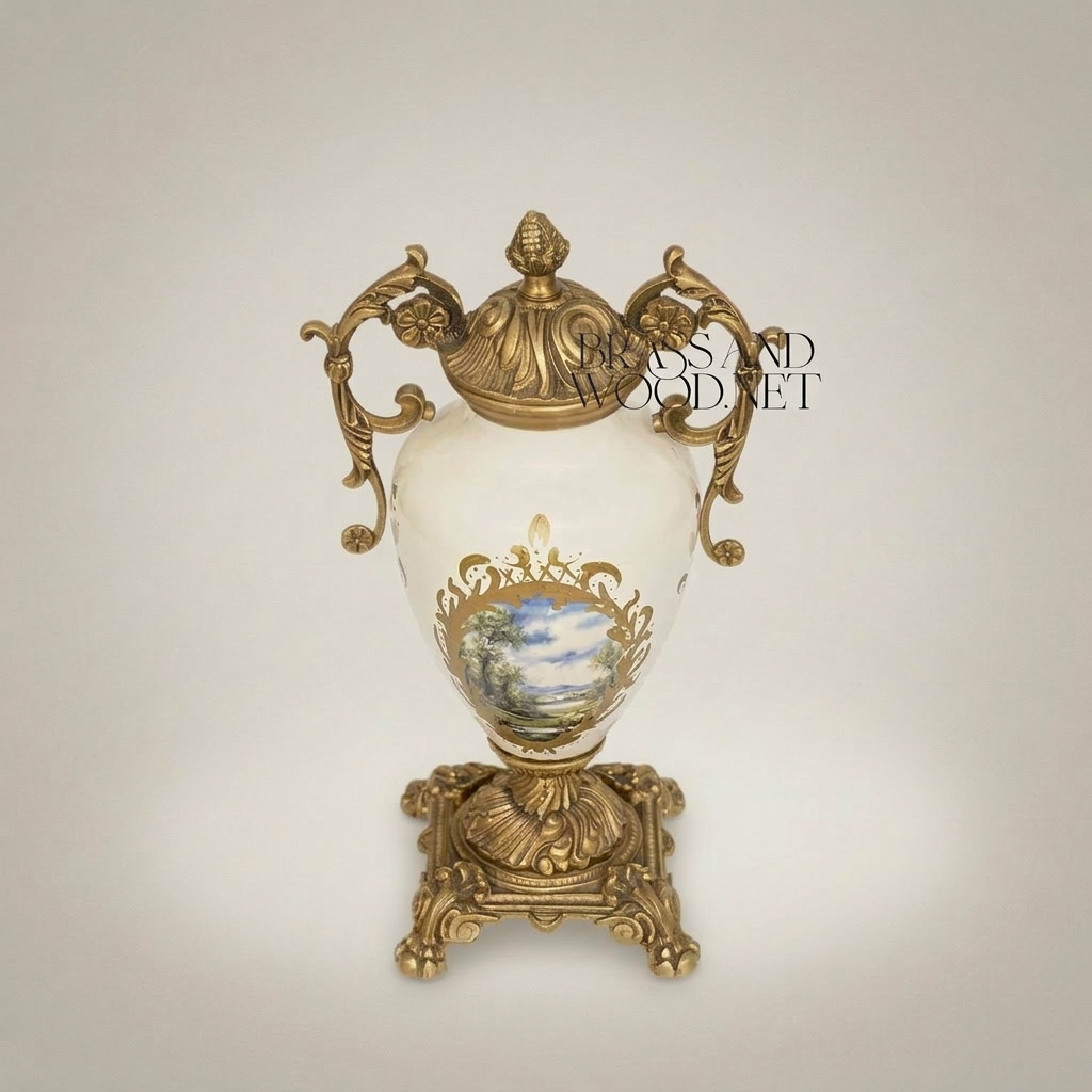 Rococo Ceramic Covered Urn Vase with Brass Mounts & Hand-Painted Landscape Medallion — Antique Gold