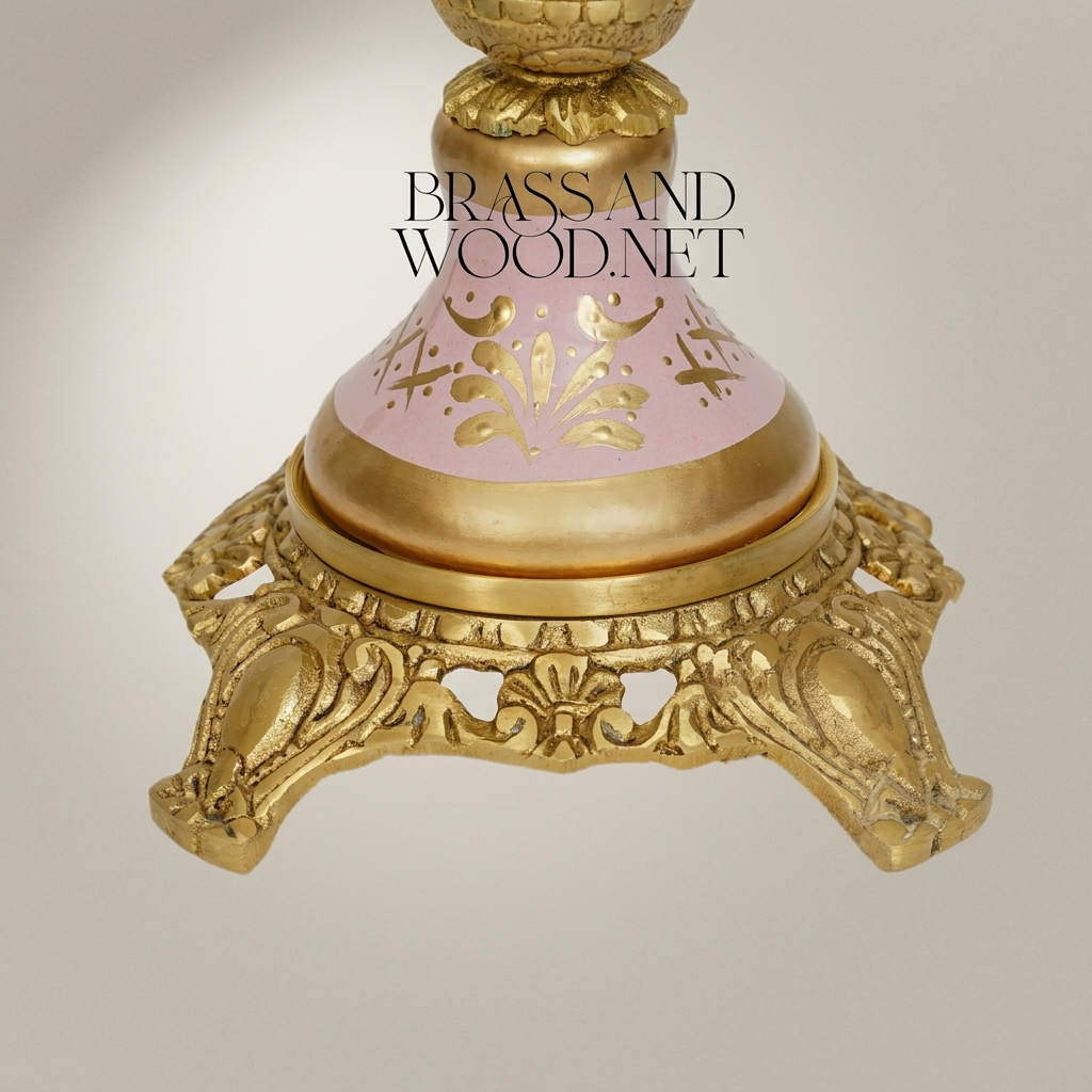 Rococo Ceramic Covered Urn Vase with Brass Mounts - Pink Hand-Painted Floral Medallion — Antique Gold