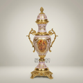 Rococo Ceramic Covered Urn Vase with Brass Mounts - Pink Hand-Painted Floral Medallion — Gold