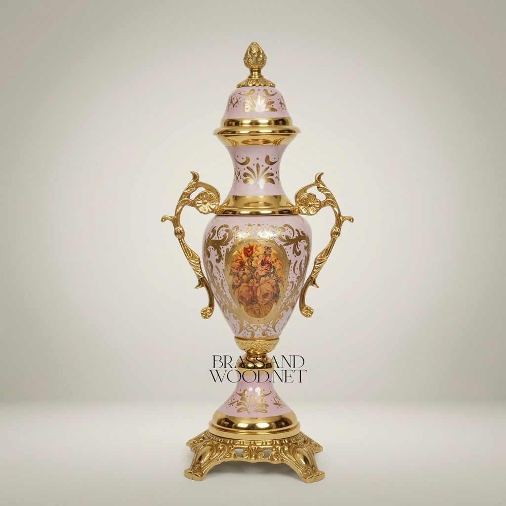 Rococo Ceramic Covered Urn Vase with Brass Mounts - Pink Hand-Painted Floral Medallion — Gold