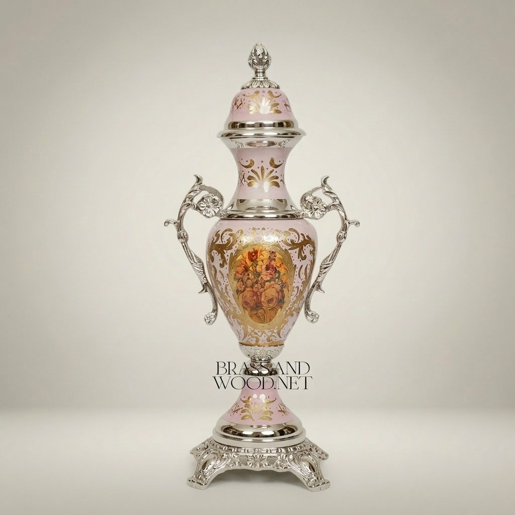 Rococo Ceramic Covered Urn Vase with Brass Mounts - Pink Hand-Painted Floral Medallion — Silver