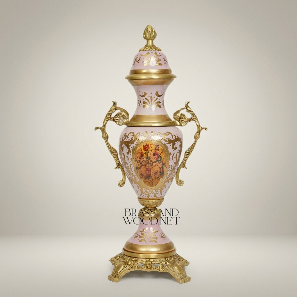 Rococo Ceramic Covered Urn Vase with Brass Mounts - Pink Hand-Painted Floral Medallion — Antique Gold