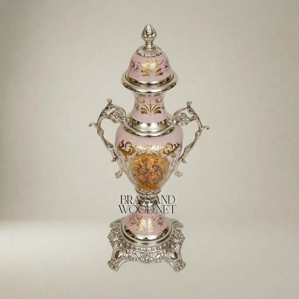 Rococo Ceramic Covered Urn Vase with Brass Mounts - Pink Hand-Painted Floral Medallion — Silver