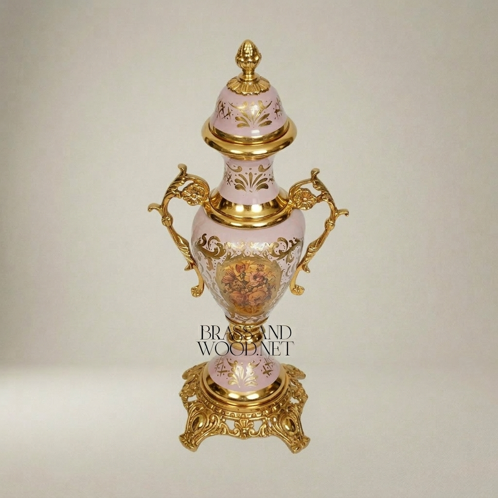 Rococo Ceramic Covered Urn Vase with Brass Mounts - Pink Hand-Painted Floral Medallion