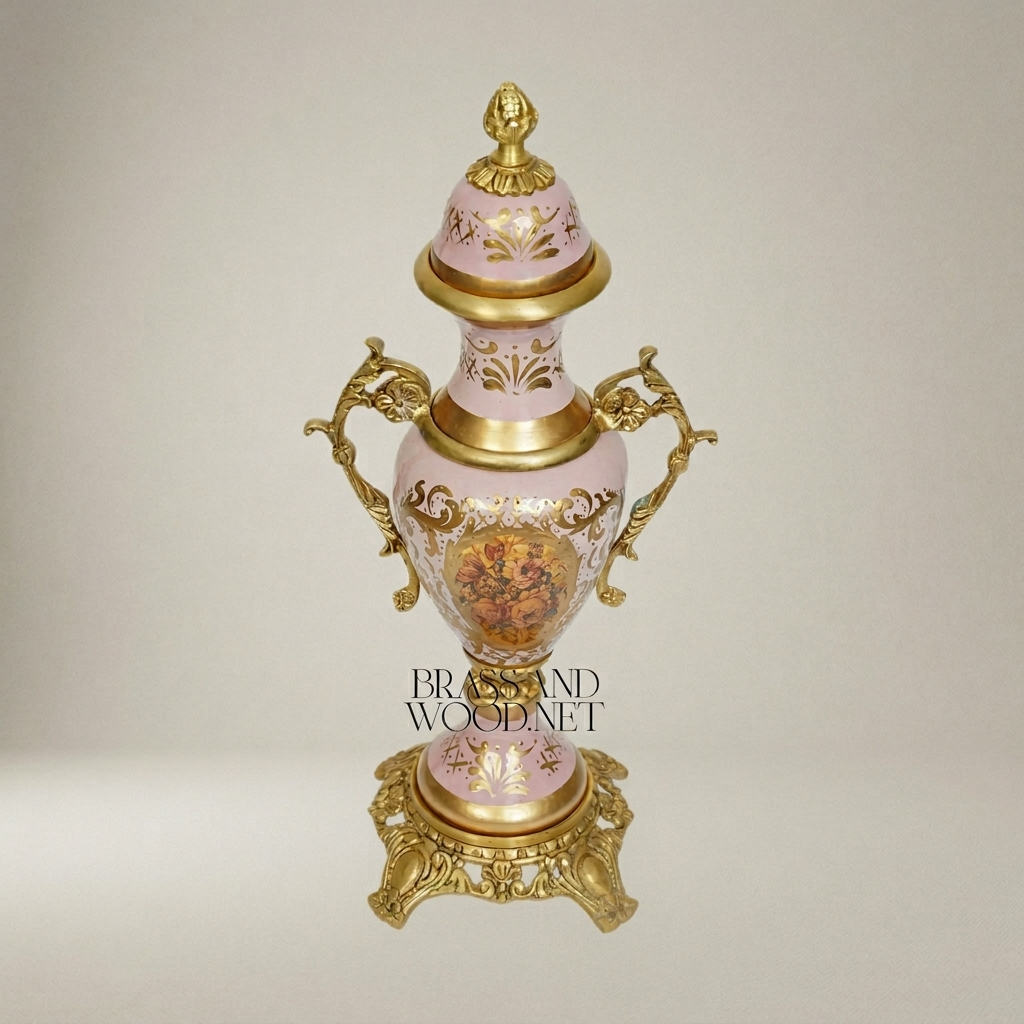Rococo Ceramic Covered Urn Vase with Brass Mounts - Pink Hand-Painted Floral Medallion — Antique Gold