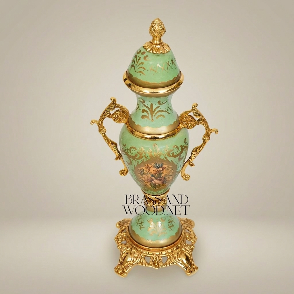 Rococo Ceramic Lidded Urn Vase with Brass Mounts & Hand-Painted Floral Medallion — Gold