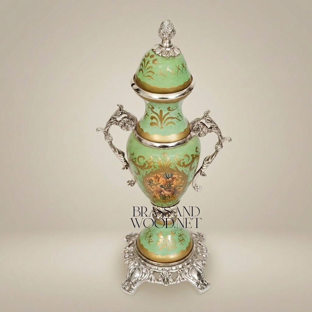 Rococo Ceramic Lidded Urn Vase with Brass Mounts & Hand-Painted Floral Medallion — Silver