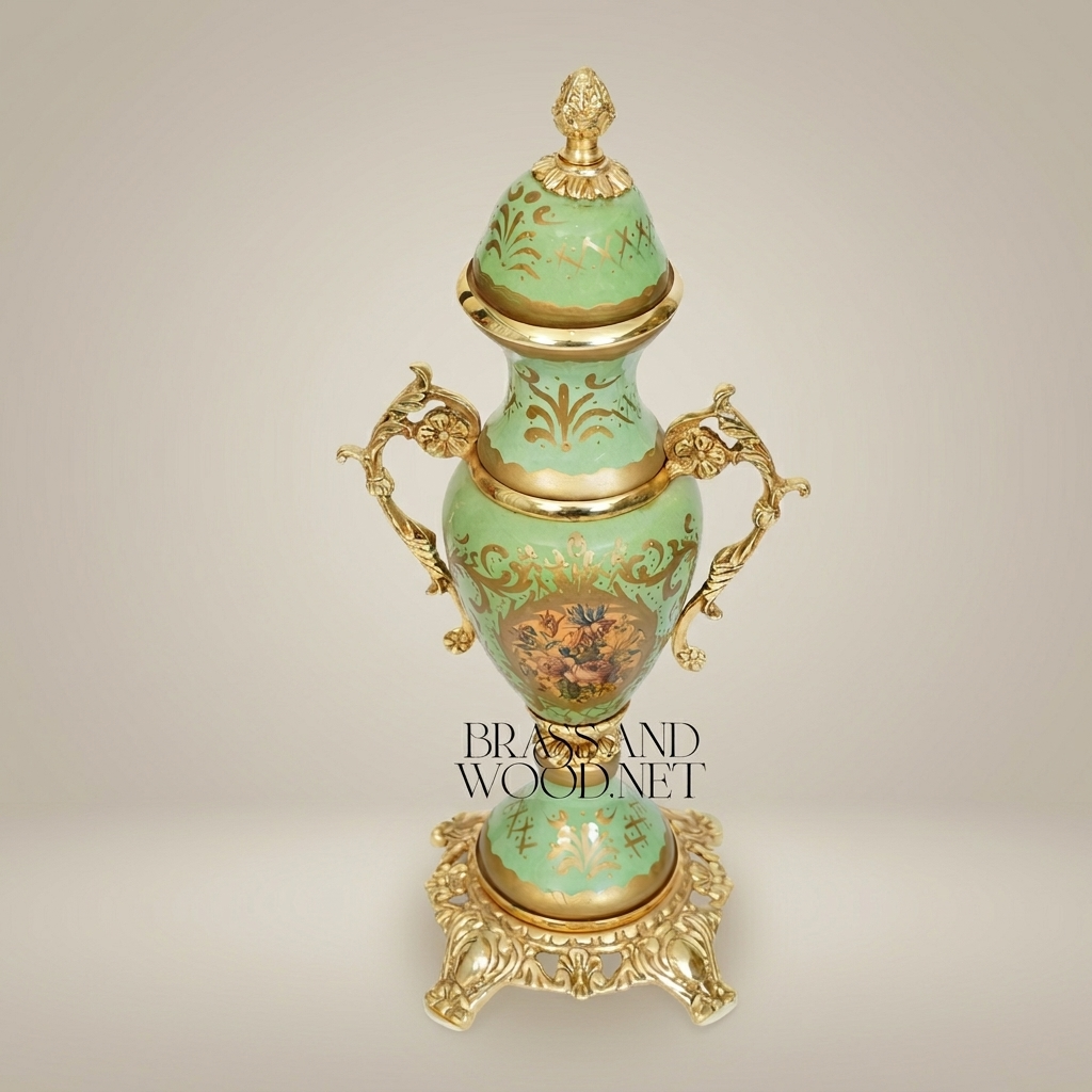 Rococo Ceramic Lidded Urn Vase with Brass Mounts & Hand-Painted Floral Medallion — Antique Gold