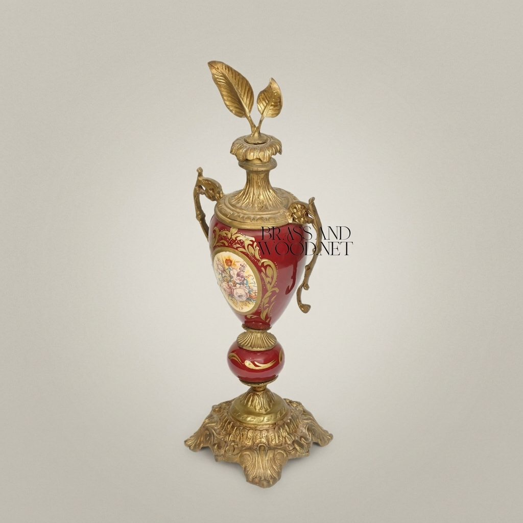 Rococo Ceramic Lidded Urn Vase with Hand-Painted Floral Medallion — Antique Gold